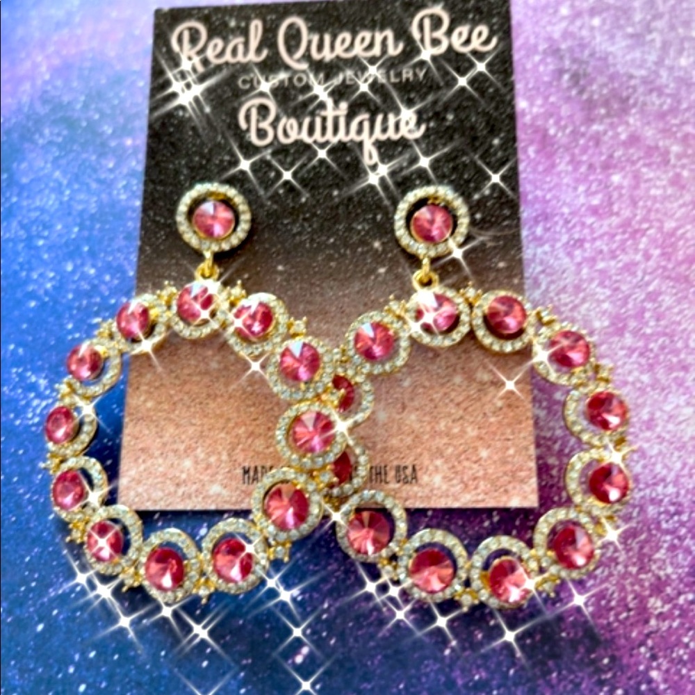 Pink and Clear Crystal Front Faced Hoops